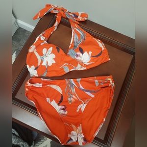 Athleta Orange Floral 2 Piece Bathing Suit